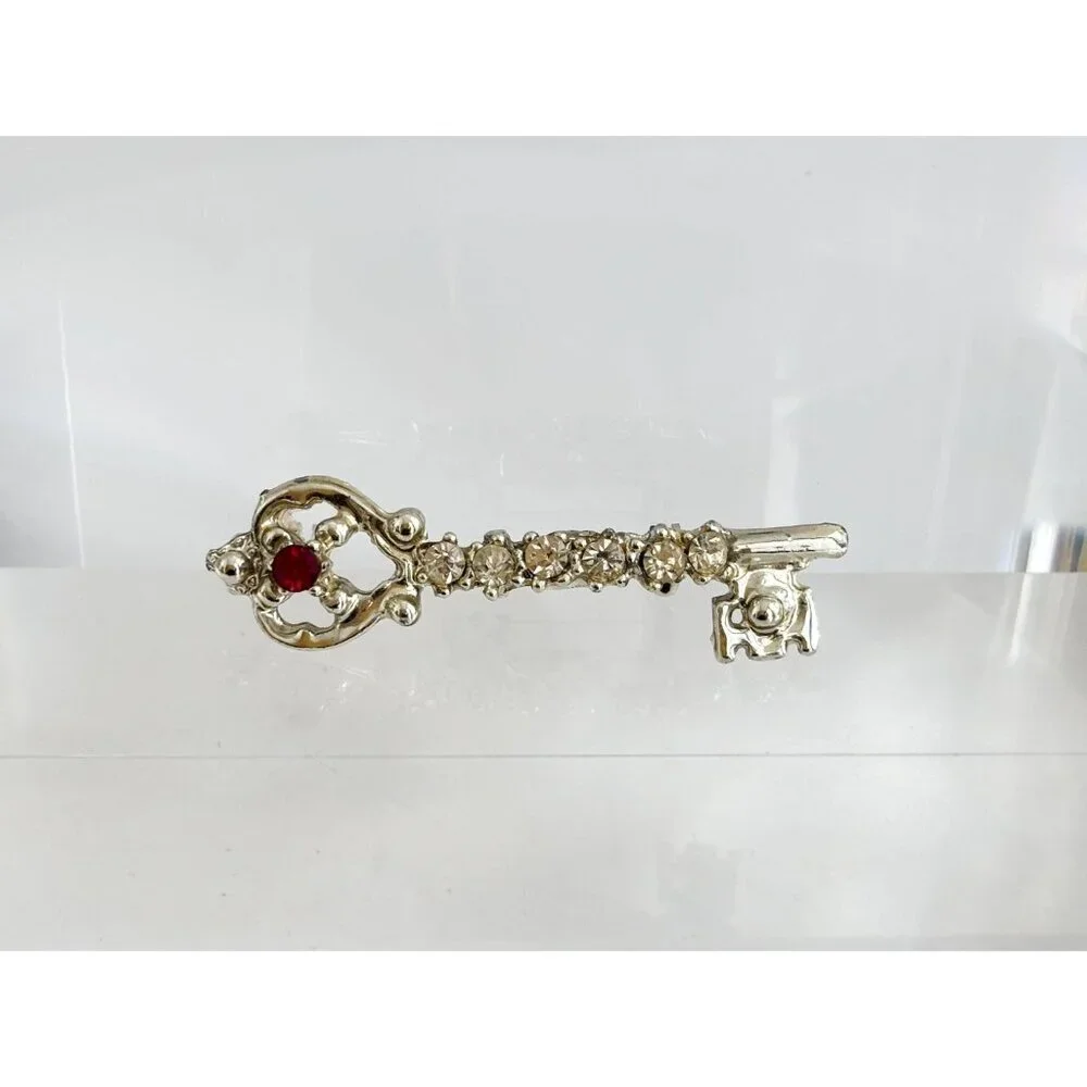 Key Shaped Antique Inspired Rhinestone Gold Toned Vintage Costume Jewelry Brooch
